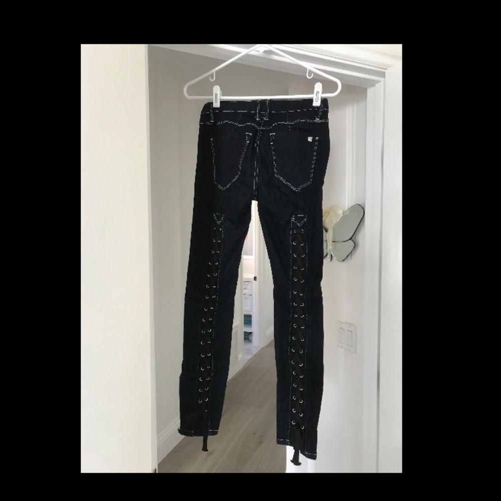 Bebe Dark Skinny Jeans With Black Ties Up Back
